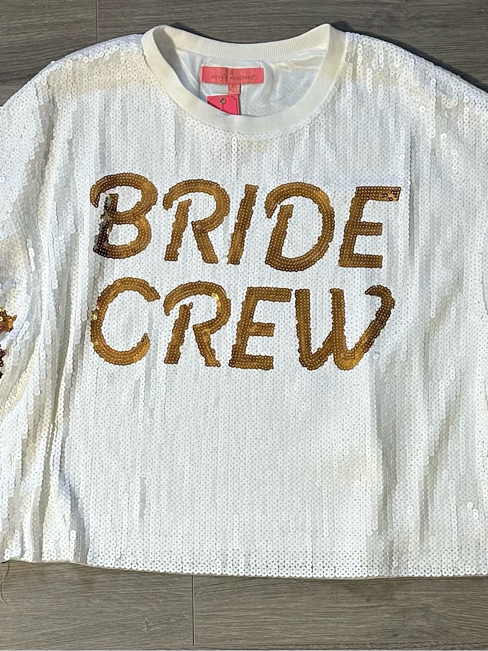 Simply Southern White Sequin Sweater with Gold 'BRIDE CREW' Lettering